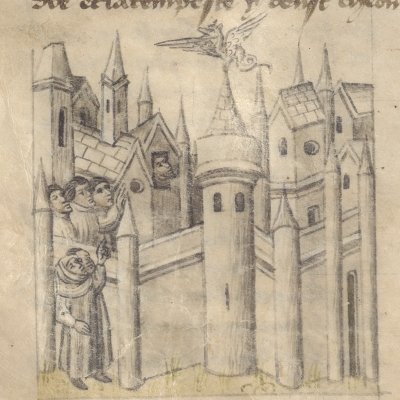 Mélusine survole la tour poitevine (Roman de Mélusine, Ars 3353)