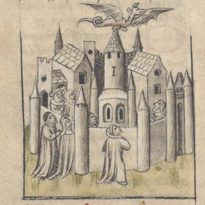La serpente s’envole au-dessus de la tour (Roman de Mélusine, Ars 3353)