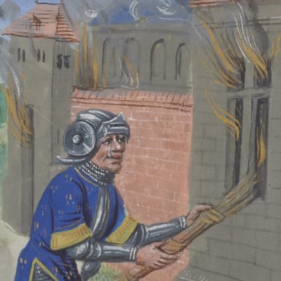 Geoffroy au Grant Dent incendie Maillezay (Roman de Mélusine, ms Fr24383)
