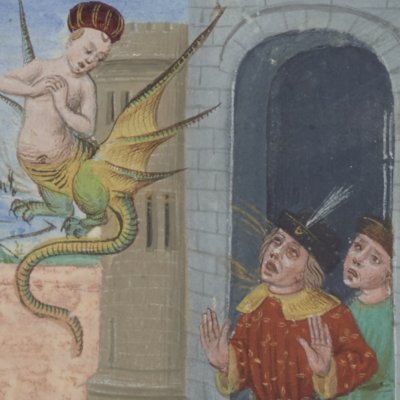 Mélusine quitte Lusignan et revient allaiter ses enfants (Roman de Mélusine, ms Fr24383)