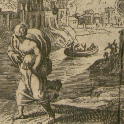 Loth et ses filles fuyant Sodome (Gottfried, Hist. Chronica, 1674) - Merian