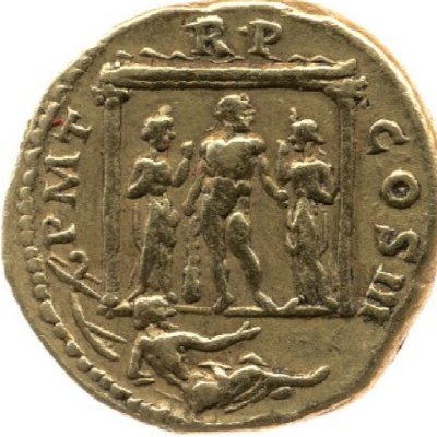 Aureus de l’époque d’Hadrien. Hercule entre deux déesses