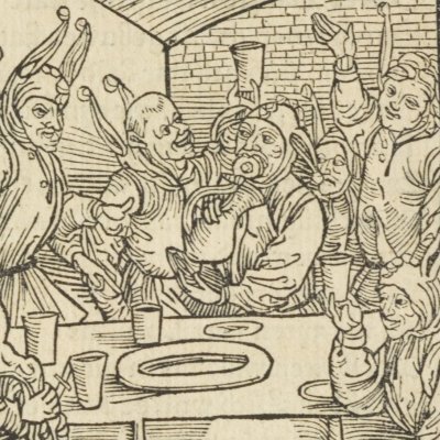 De goinfrerie et beuverie (Brant, Das Narrenschiff, Bâle, 1494, F21v)