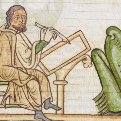 Amos écrit devant la baleine (Bestiaire Harley 3244, F61r)