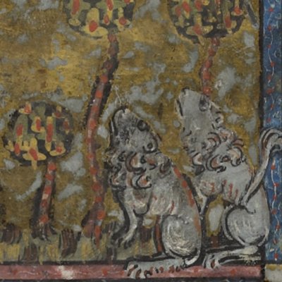 Page liminaire : le roi et deux lions (Isopet FR15213) - R. de Montbaston