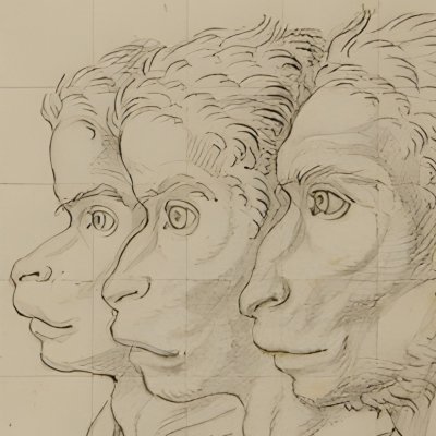 Deux têtes de singes et quatre têtes d’hommes en relation - Le Brun