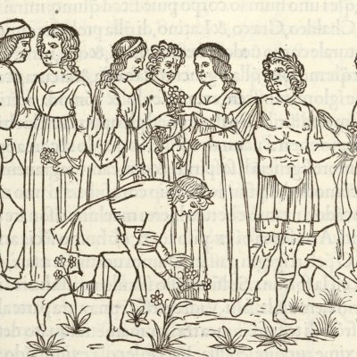 Allégorie de la perte : cueillette des fleurs (Hypnerotomachia 1499, p. 35)