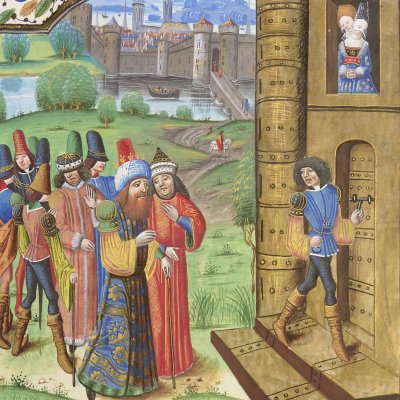 Acrisius fait enfermer Danaé (R. Lefèvre, Histoires de Troyes, Bnf Fr59)