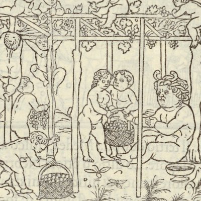 Vendanges avec Bacchus couronné de couleuvres (Hypnerotomachia 1499, p. 175)