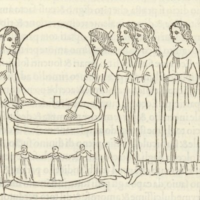 Poliphile plonge le flambeau dans la citerne (Hypnerotomachia 1499 p. 217)