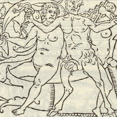 Frise avec satyres, femmes et bœuf (Hypnerotomachia 1499, p. 350)