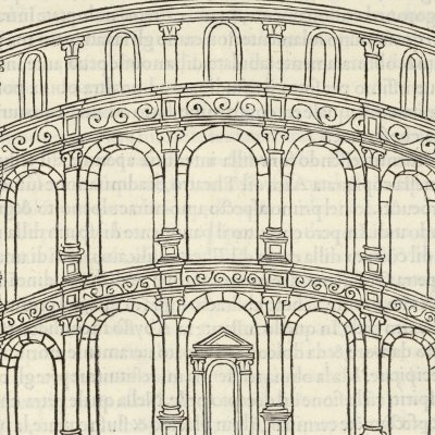 Triple colonnade d’entrée dans l’amphithéâtre (Hypnerotomachia 1499, p. 351)