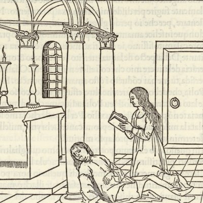 Poliphile meurt devant Polia au temple de Diane (Hypnerotomachia 1499, p. 396)