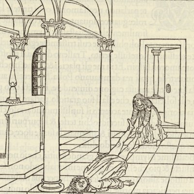 Polia tire Poliphile hors de la chapelle (Hypnerotomachia 1499, p. 397)