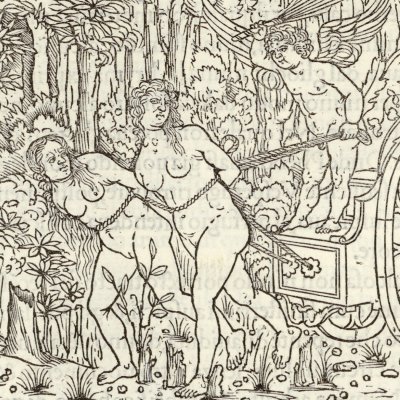Cupidon fouette deux femmes attelées à son char (Hypnerotomachia 1499, p. 400)