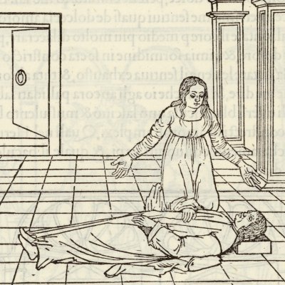 Polia verse des larmes sur Poliphile évanoui (Hypnerotomachia 1499, p. 421)
