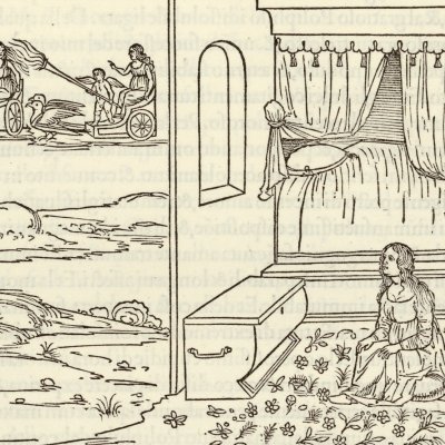 Polia couverte de fleurs après sa vision (Hypnerotomachia 1499, p. 426)