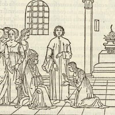 Poliphile & Polia devant la prieuse (Hypnerotomachia 1499, p. 429)