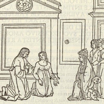 Poliphile s’agenouille devant la prieuse (Hypnerotomachia 1499, p. 431)