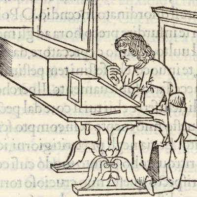 Poliphile écrit une lettre à Polia (Hypnerotomachia 1499, p. 443)