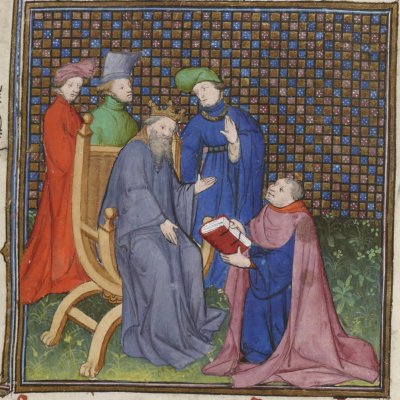 Raoul de Presle présente son livre à Charles V (Cité de Dieu, Fr172, fol. 1)