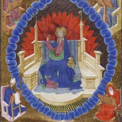 Dieu en majesté entre quatre pères de l’Église (Cité de Dieu, Fr172, fol. 5)