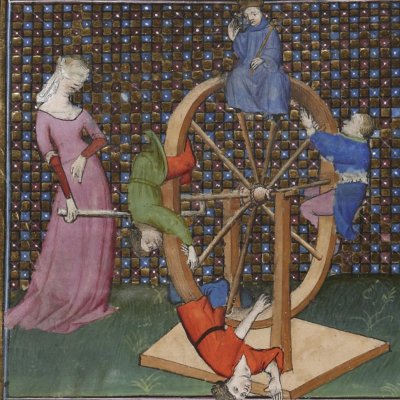 Fortune tourne la roue les yeux bandés (Cité de Dieu, Fr172, fol. 150)