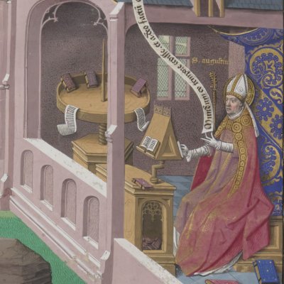 Augustin méditant la création du monde et des anges (Cité de Dieu l.11, Fr19 fol.2)