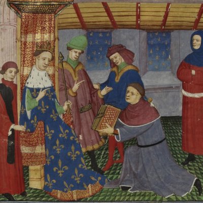 Raoul de Presles dédie sa traduction à Charles V (Cité de Dieu 1-10, Str. 0522, F1)
