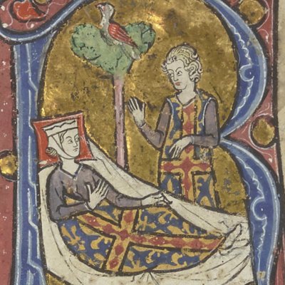 Le poète auprès de sa Dame malade d’amour (Roman de la poire, Bnf Fr2186 79v)
