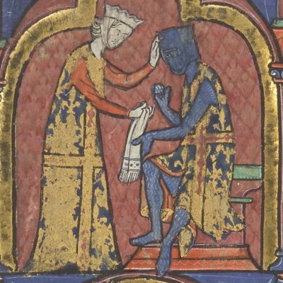 Thibaud reçoit l’écharpe de sa dame (Roman de la poire, Bnf Fr2186 8v)
