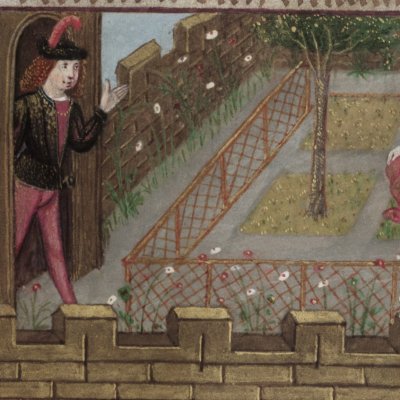 L’amant pénètre dans le jardin (Roman de la rose, Oxford, Ms Douce 195 F6)