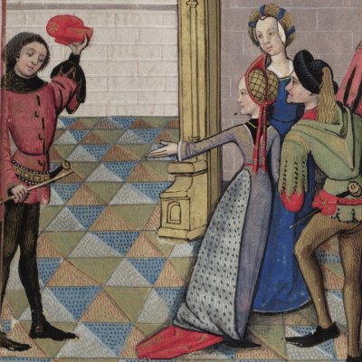 Courtoisie invite l’amant à danser (Roman de la rose, Oxford, Ms Douce 195 F7r)