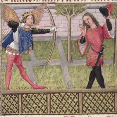 Amour suit et vise l’amant (Roman de la rose, Oxford, Ms Douce 195 F10v)