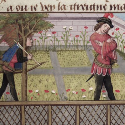 L’amant surpris par la rose (Roman de la rose, Oxford, Ms Douce 195, F13)
