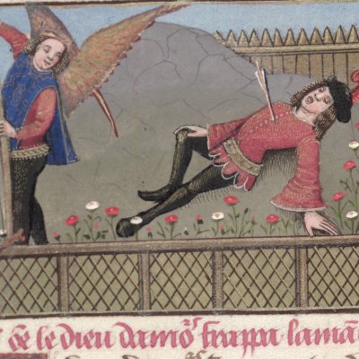 Amour frappe l’amant (Roman de la rose, Oxford, Ms Douce 195, F13v)