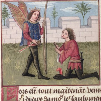 L’amant prête allégeance à Amour (Roman de la rose, Oxford, Ms Douce 195, F14v)