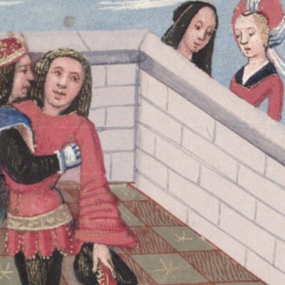 Amour embrasse l’amant (Roman de la rose, Oxford, Ms Douce 195, F15v)