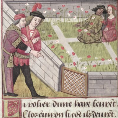 Bel Accueil encourage l’amant (Roman de la rose, Oxford, Ms Douce 195, F20v)