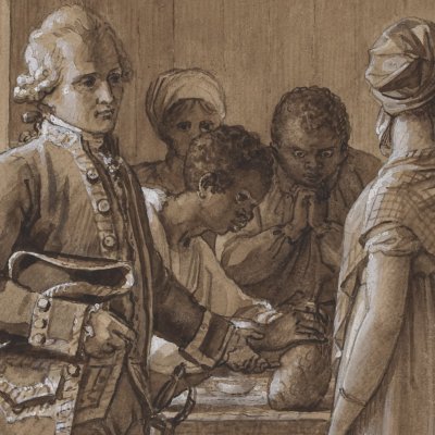 Arrivée de M. de la Bourdonnais (Paul et Virginie, 1806, lavis avant gravure)
