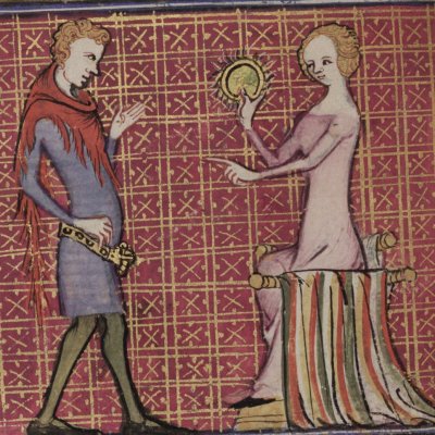 Oiseuse parle à l’amant (Roman de la rose, Oxford Selden Supra 57 F5v)