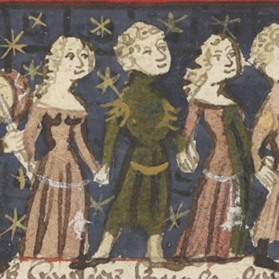 Déduit et Liesse dansent la carole (Roman de la rose, Français 1563, F7)