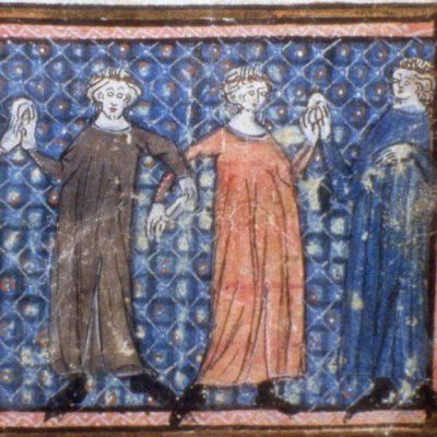 Déduit & Liesse dansent la carole (Roman de la rose, Oxford Add.A.22, F15)