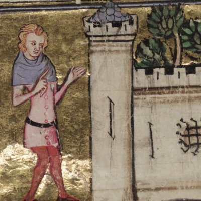 L’amant devant le beau jardin (Roman de la rose, Oxford Selden Supra 57, F4v)