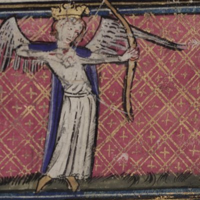 Amour atteint l’amant d’une flèche (Roman de la rose, Oxford Selden Sup. 57 F13)