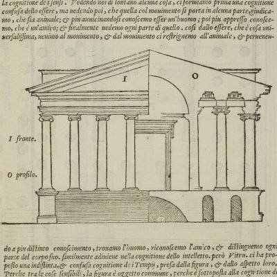 Façade et infrastructure d'un temple (Vitruve, trad. Barbaro, Venise, Franceschi, 1567)