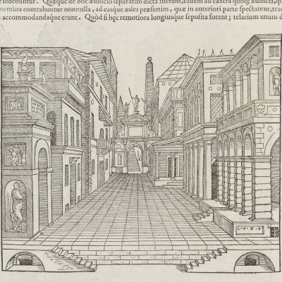 Scène tragique (Serlio, De architectura libri V, trad latine, Venise, 1569)