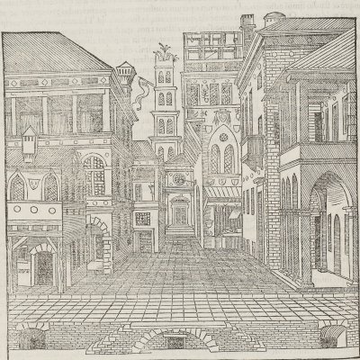 Scène comique (Serlio, De architectura libri V, trad latine, Venise, 1569)