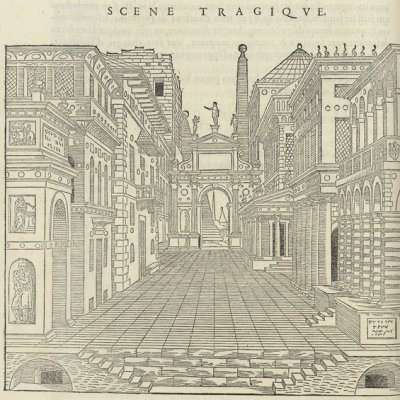 Scène tragique (Vitruve, Architecture, ou art de bien bastir..., Paris, 1547, 77v)