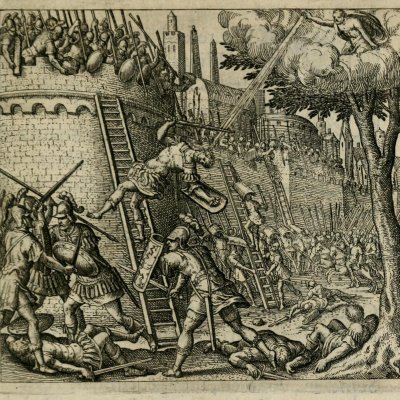 Capanée à l’assaut des remparts de Thèbes (Boissard, Theatrum vitæ humanæ) - Théodore De Bry
